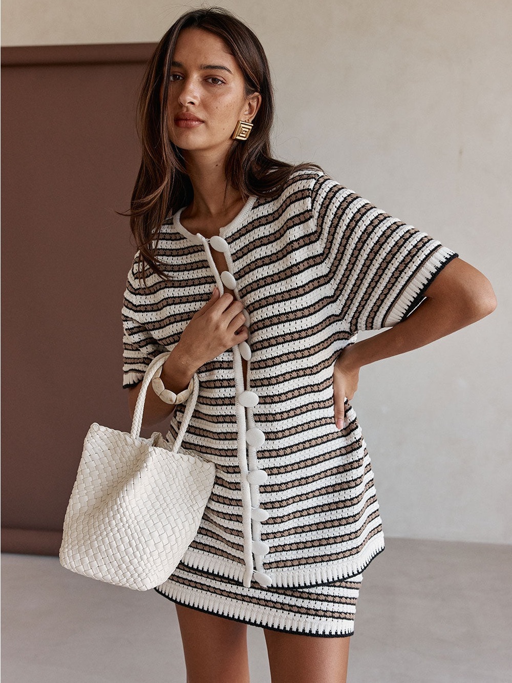 SABO Scottie Top Short-Sleeve Crochet Cardigan - White & Brown